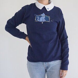Vintage Top Stitch Navy Blue White Embroidered Cat Peter Pan Collar Sweater S